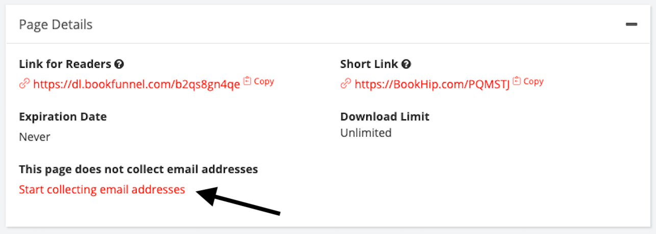 Screenshot of the BookFunnel dashboard showing where you can easily convert a download page to an email signup page.