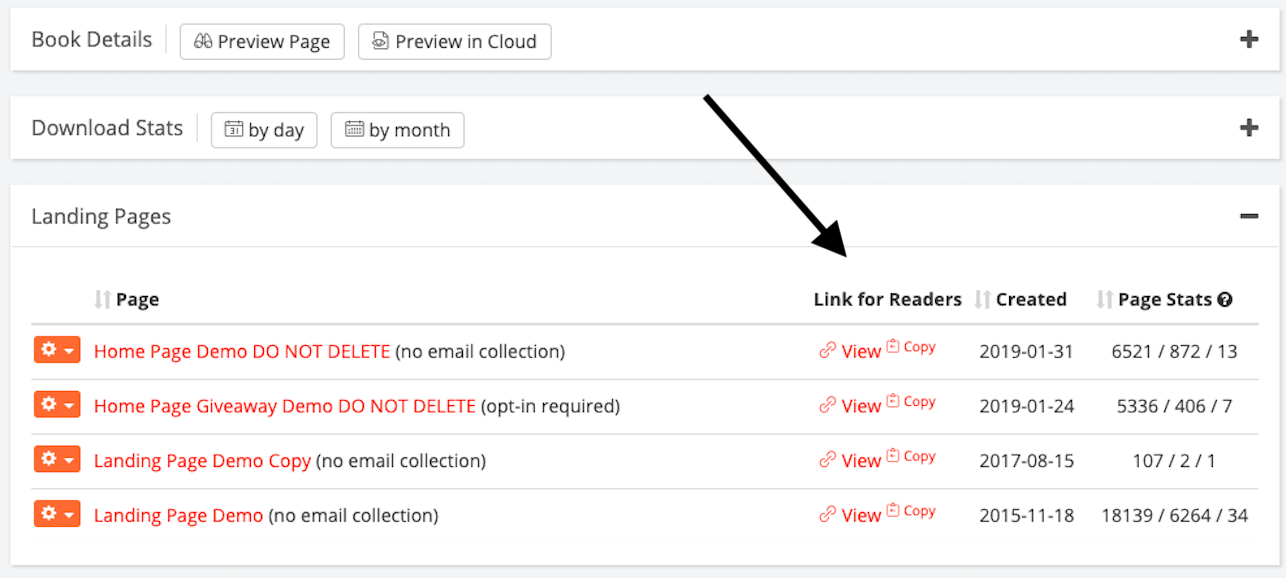 Screenshot of the BookFunnel dashboard with an arrow pointing to the Link for readers on the book details page.