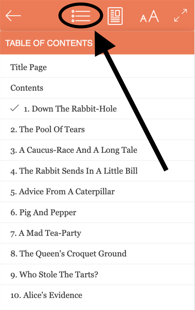Screenshot showing the Table of Contents button in the BookFunnel Cloud reader