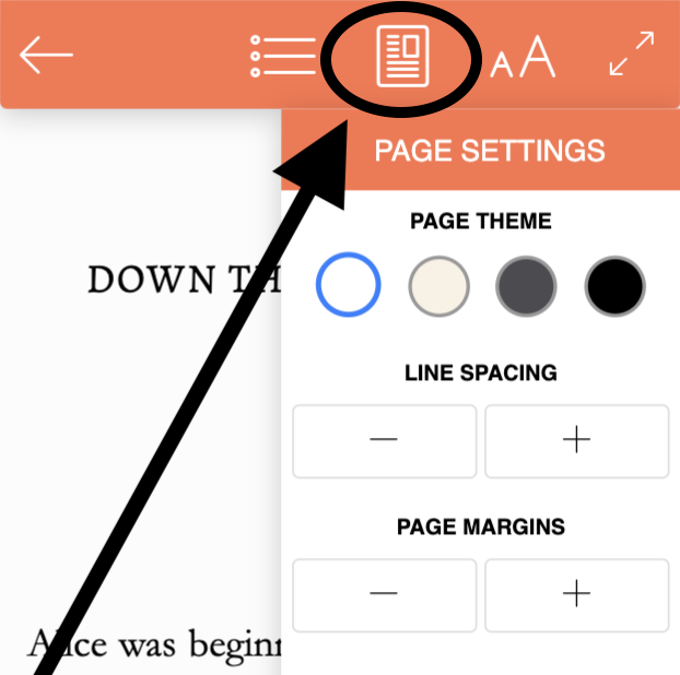 Screenshot of the BookFunnel cloud reader open on a mobile where you can tap the Page Settings button in the menu to adjust the background color of the page or adjust the line spacing and margins.