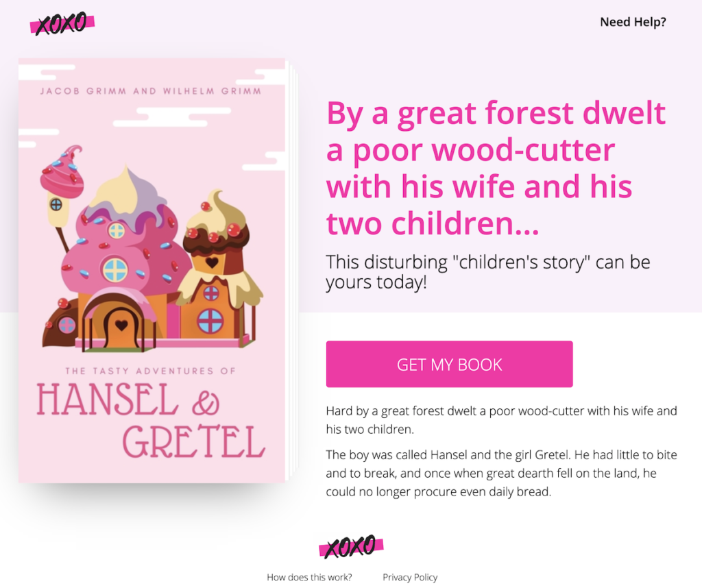 Sample landing page of Hansel and Gretel with custom colors and logo