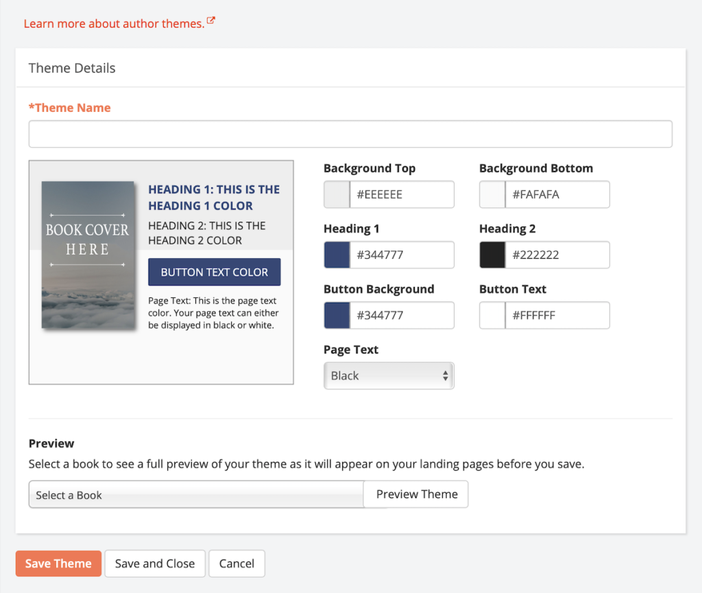 Screenshot of BookFunnel dashboard showing new theme form.