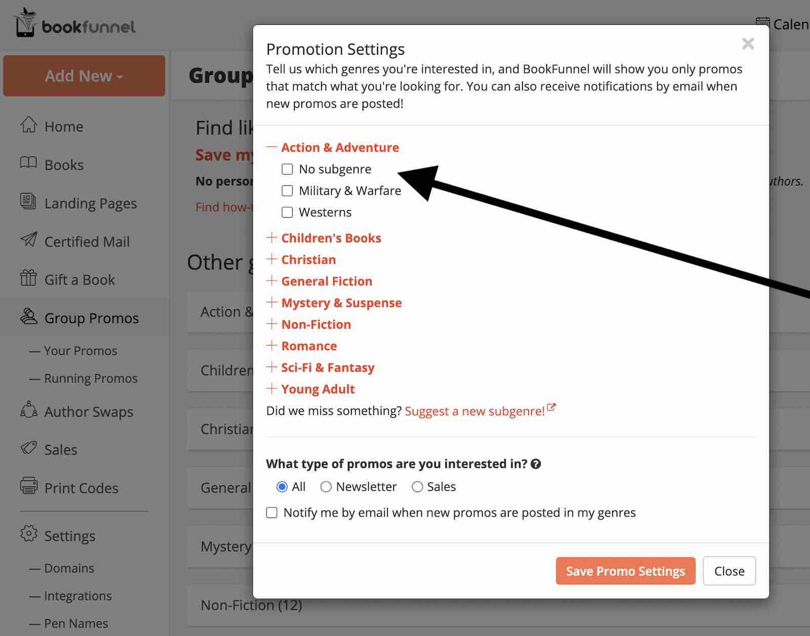 Screenshot of author dashboard with arrow pointing to subgenre checkboxes